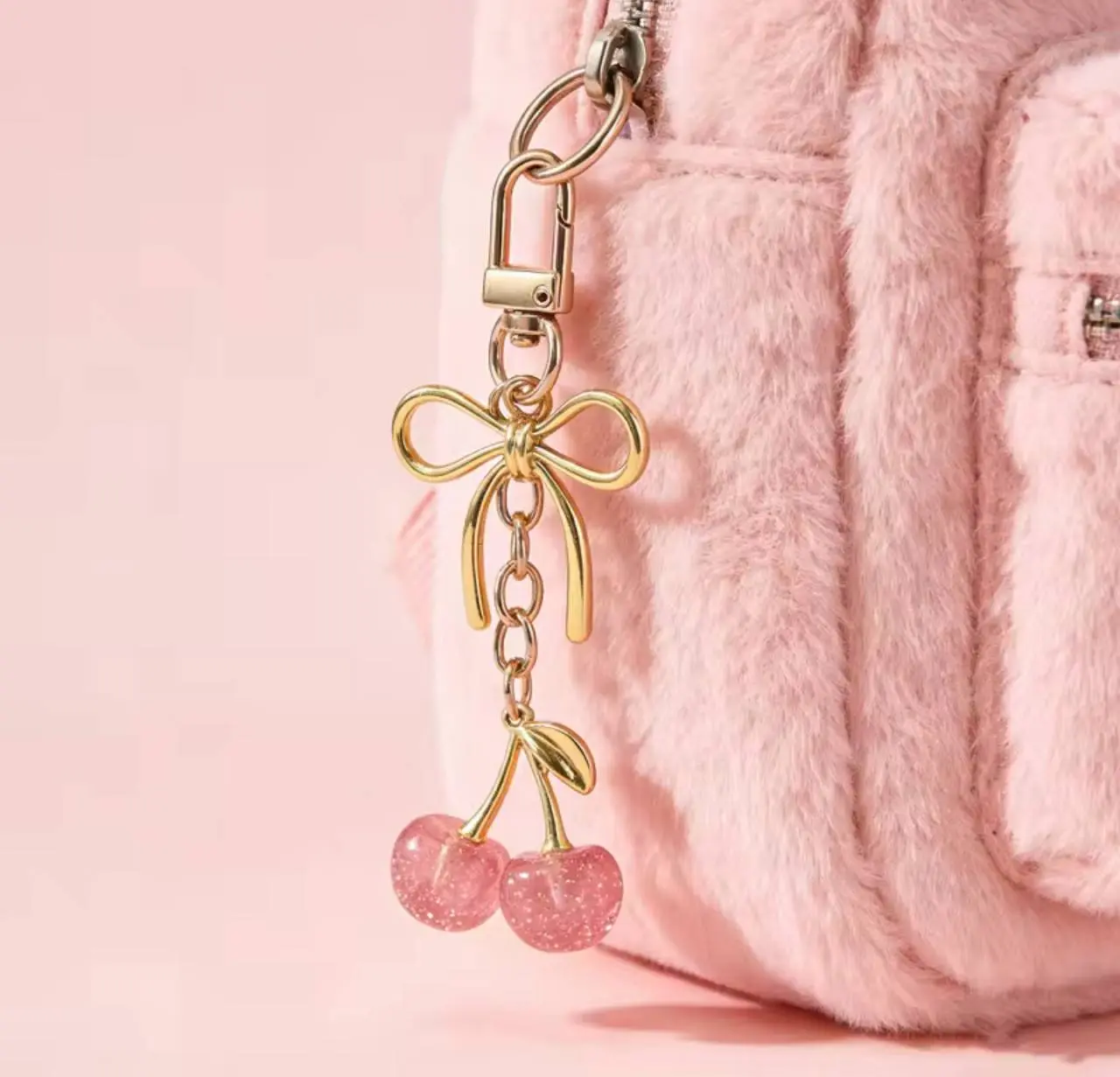 Women's Cherry Bow Pendant Keychain, Cherry Desing, Bow Accent, Casual Style Wallet, Handbag and BAckpack Accessory, Keychain for Bags, Car Keychain for Students