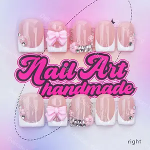 Delicatething Y2K Style Nail Set, Handmade Square Nails with Bow, Diamonds, Rhinestone Embellished, French Design, Perfect Gift for Women