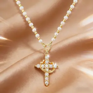 Ladies' irregular pearl cross necklace, vintage rotatable crown necklace, ladies' fashionable jewelry