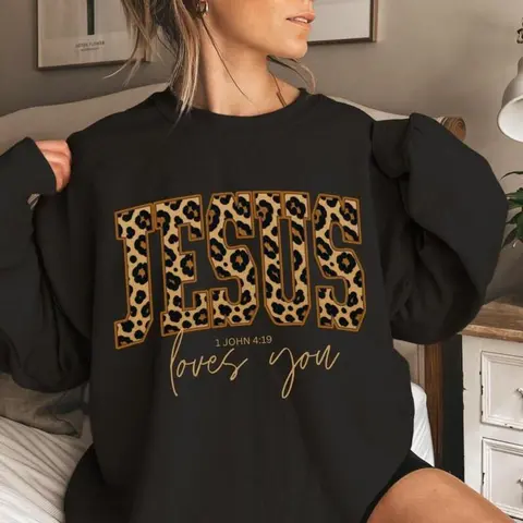 Christian Jesus Sweatshirt, Cheetah Print Bible Verse Sweatshirts, Trendy Faith Apparel Gift, Jesus Loves You, The Way The Truth The Life