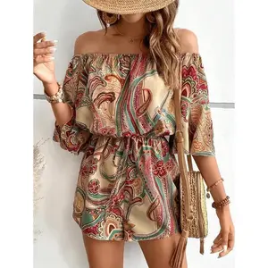 Paisley Print Off Shoulder Knot Front Romper Fabric Fit Paisley Print Off Shoulder Knot Front Romper Fabric Fit