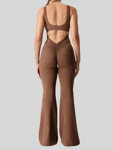 Women's Solid Color Backless Ruched Removable Chest Padded Flare Leg Jumpsuit, Casual Comfy Sleeveless U Neck Bell Bottom Jumpsuit for Daily Wear, Ladies Clothes for All Seasons, Womenswear