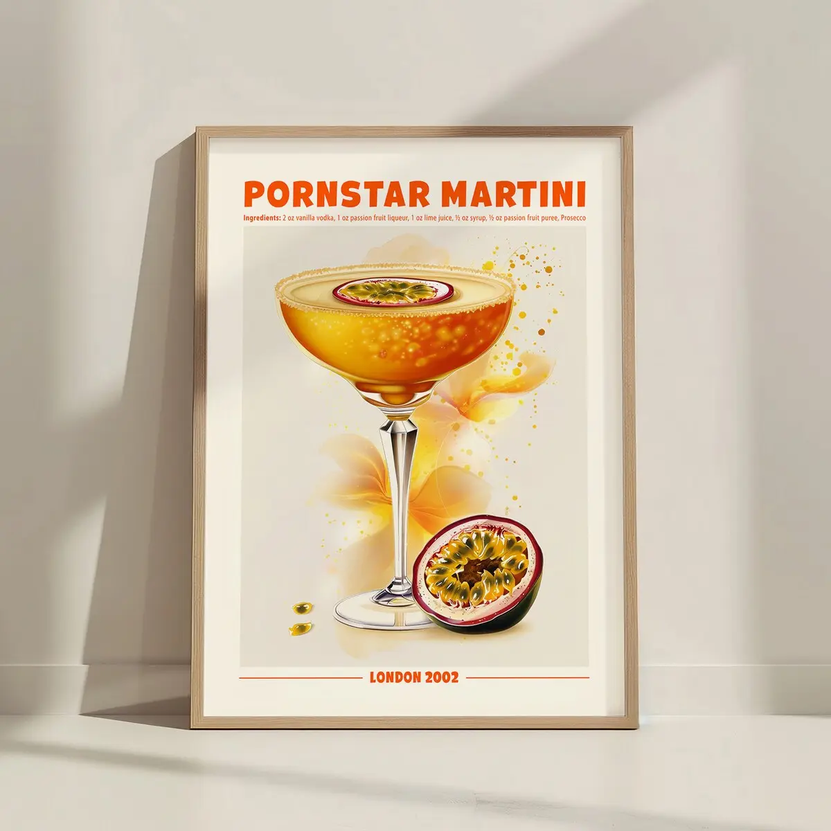 Pornstar Martini Cocktail Print – Retro Drink Poster, Home Bar Decor, Mixology Gift, Classic Cocktail Recipe Art, Unframe