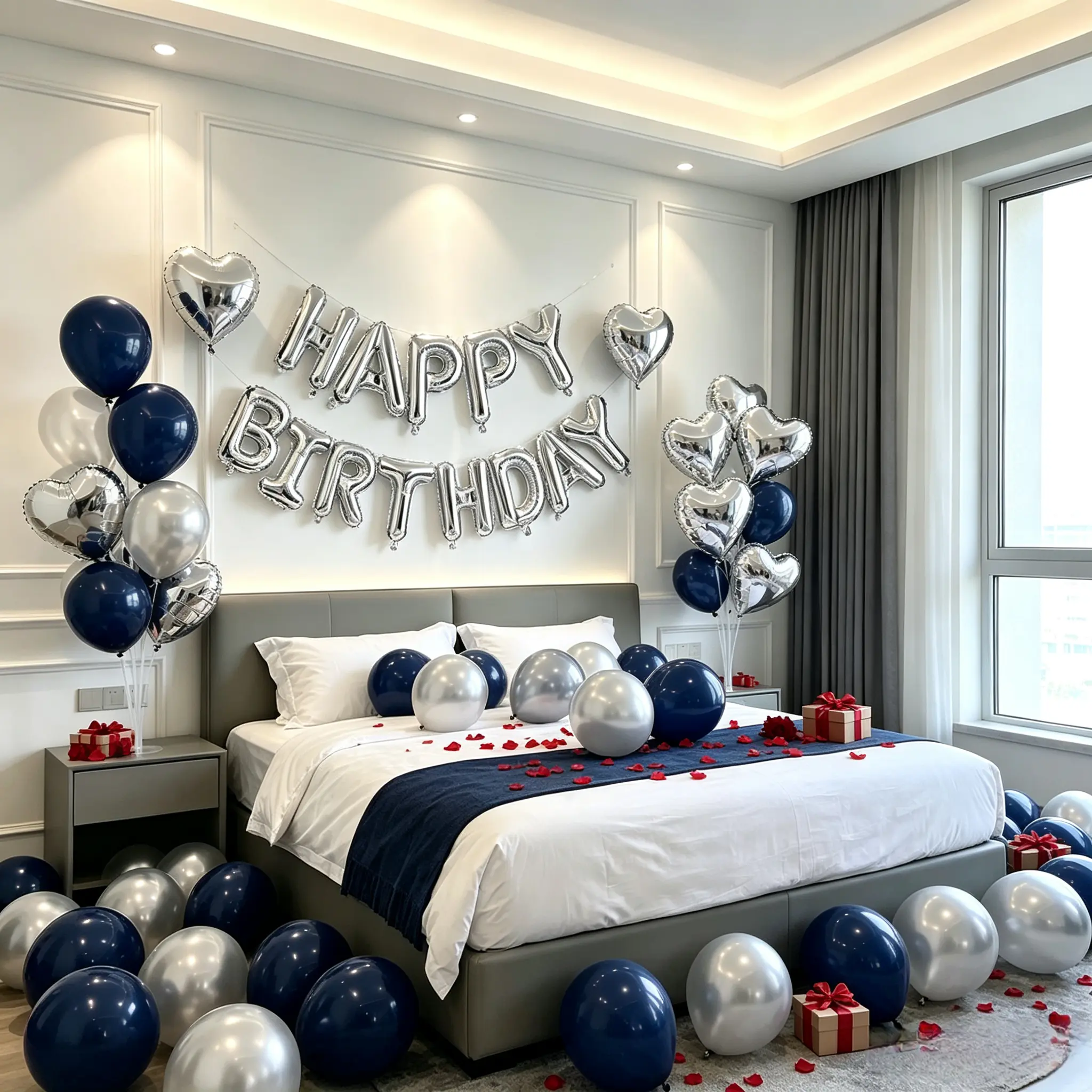104pcs navy blue and silver birthday balloon set, including 16-inch silver birthday decorations, heart-shaped balloons and metallic balloons, suitable for birthday parties, weddings, bridal celebrations, photo backdrop walls, anniversaries