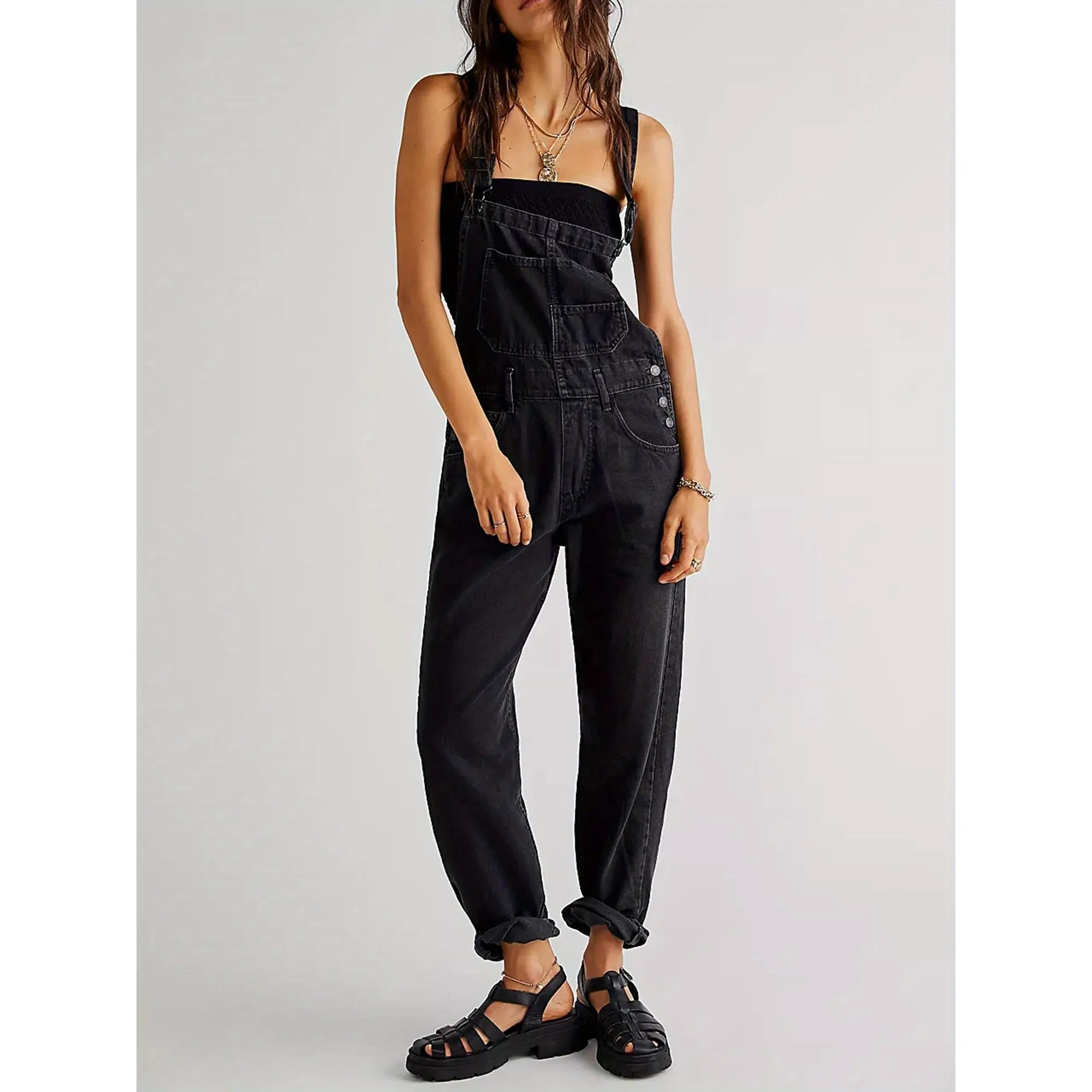 Women's fashionable Y2K casual loose denim overalls, workwear, jumpsuit, suitable for all seasons, 65% cotton