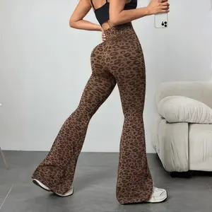 HH     Women's Leopard Print High-Waisted Flare Pants - Stretchy & Seamless, Versatile All-Season, Butt-Lifting & Tummy Control, Slimming Curves for Gym, Yoga & Daily Wear
