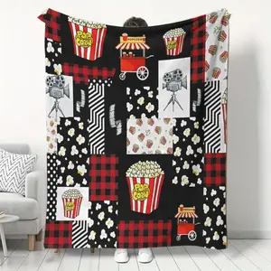 Movie Popcorn Print Flannel Throw Blanket, Preppy Style, Soft Plush Knitted, Digital Print Polyester, Cozy, with for Bed, Sofa, Chair, Living Room Decor, Ideal for Men & Women,sizes 60*80,30*40(baby ),40*50(kids),50*60