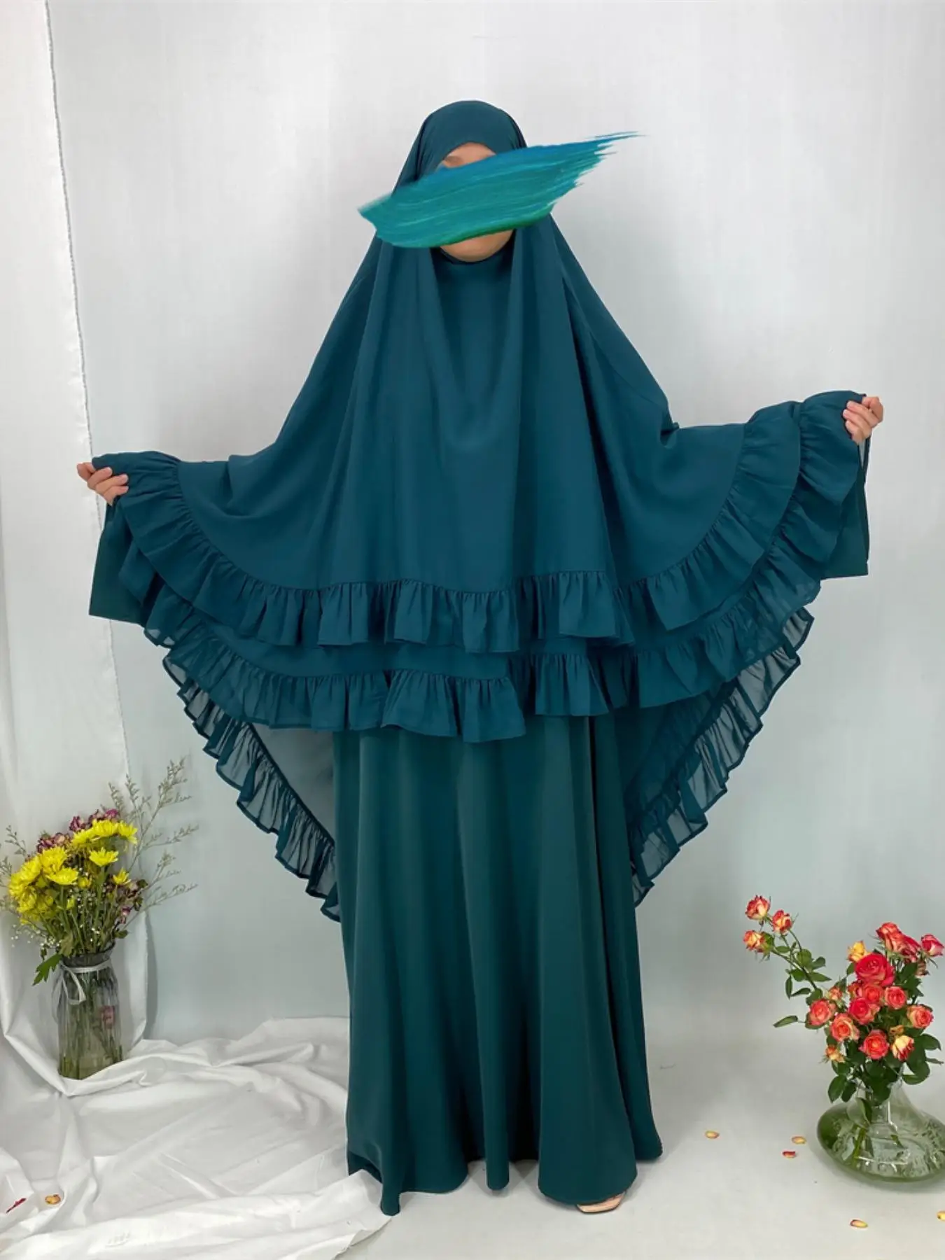 Women's Solid Color Ruffle Trim Chiffon Khimar, Modest Fashion Hijab for Daily Wear, Women's Islamic Clothing for All Seasons