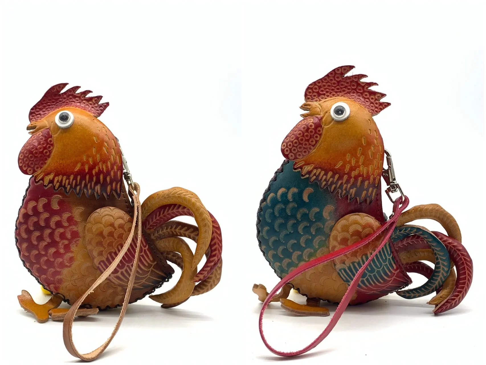 Vintage Genuine Leather 3D Animal Rooster Coin Purse with keyring Removable wrist strap
