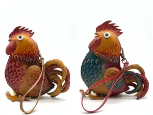 Vintage Genuine Leather 3D Animal Rooster Coin Purse with keyring Removable wrist strap