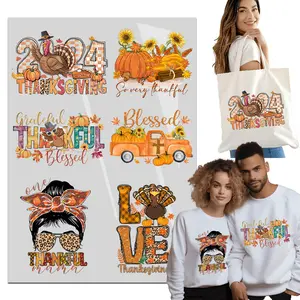 6 Sheets Turkey Thanksgiving BIG Iron on Transfers for T-Shirts, Fall DTF Transfers Ready to Press Heat Transfer, Pumpkin Iron on Decals Patches, DIY Fall Heat Transfer Stickers for Clothes Bag Pillow