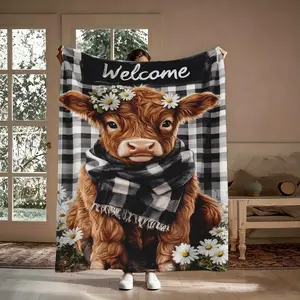 Highland Cow Calf Flannel Blanket, Welcome Baby Cow Daisy Wreath Checkered Pattern Soft Warm Throw, Cozy Nap Blanket for Sofa Couch Bed, Rustic Farmhouse Gift for Her Him, Birthday Christmas Housewarming Gift