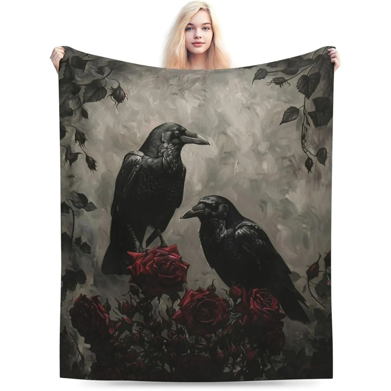 Gothic Crow Blanket Rustic Raven flannel Throw Blankets Fuzzy Plush Super Soft Warm Halloween Crow Decor Blanket Gifts for Boys Girls Kids Adult Men Women 40"x50"