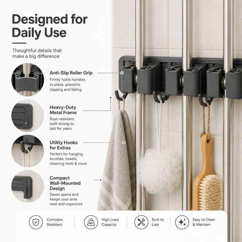 Household Wall-Mounted Mop and Broom Hanger, Metal Anti-Slip Mop Clip, Multi-Functional Broom Storage Rack, Bathroom & Balcony Organizer Shelf, Home Organizer Hook, Hooks for Wall (DM134)