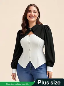 Plus Size Women's Patchwork Long Sleeve Shirt Blouse, Casual Fashion Top for Spring & Fall, Comfortable Fit for Daily Wear