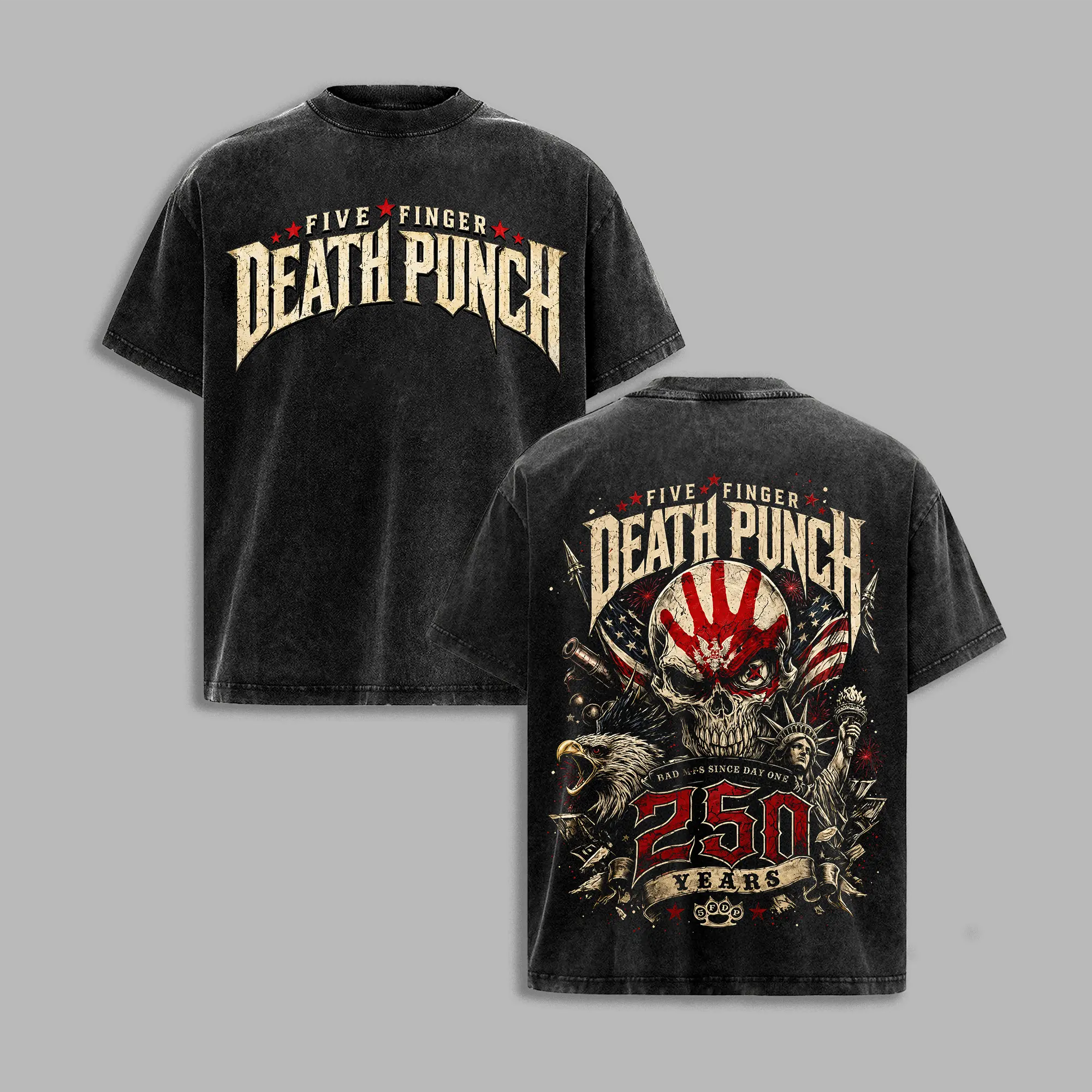 Five Finger Death Punch 250 Years Vintage Washed T-Shirt, FFDP Skull Eagle Patriotic Graphic Tee, Double Sided Heavy Metal Band Shirt, Unisex Rock Fan Gift, FiveFingerDeathPunch, FFDP, HeavyMetal, MetalBand