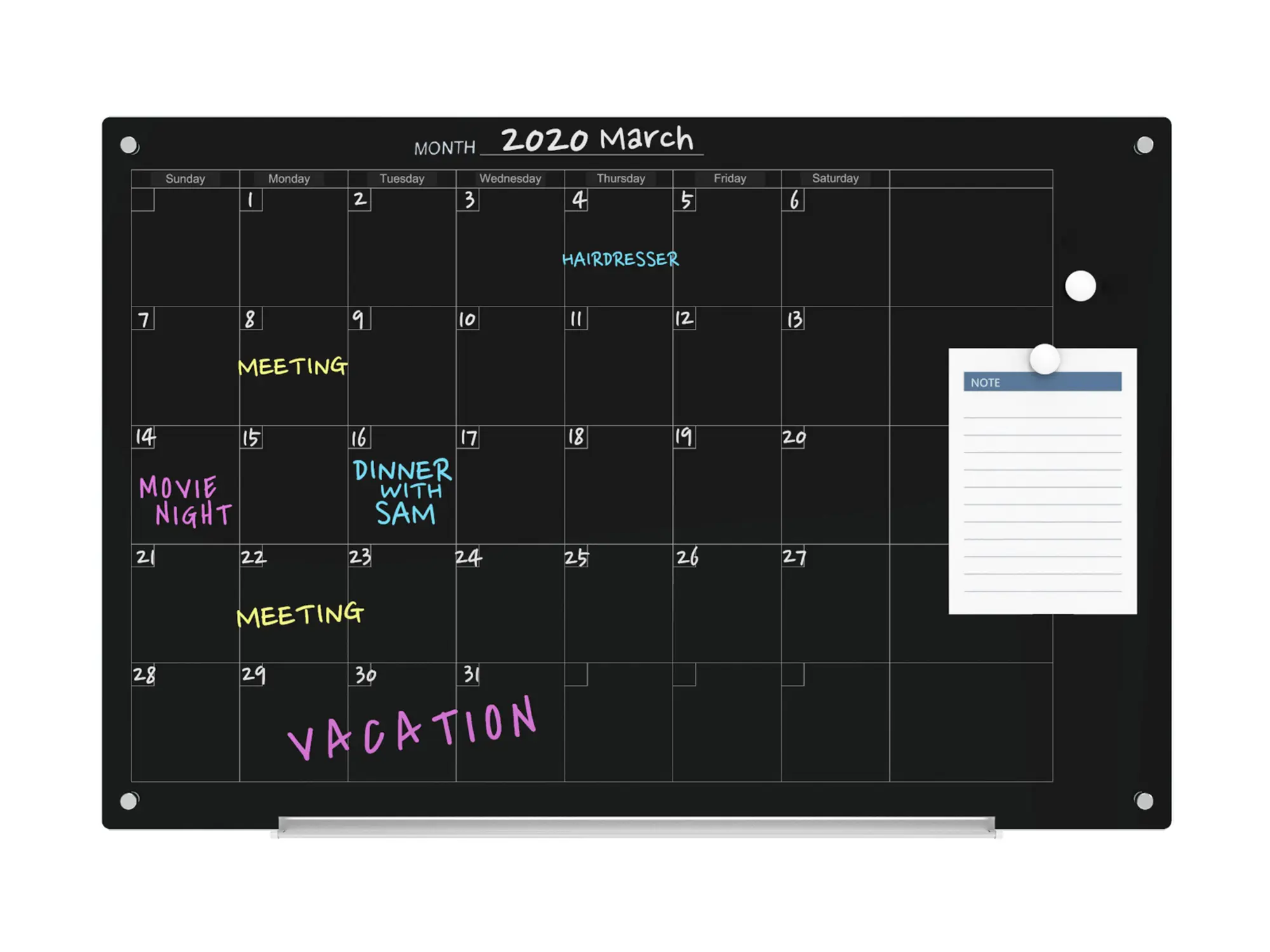 Audio-Visual Direct Magnetic Glass Dry Erase Board Set 24" x 36" - Monthly Planner with Neodymium Magnets and Mounts