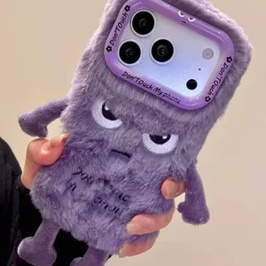 Purple Plush Grumpy Monster Cellphone Case for iPhone14/15/16 Series | 3D Limbs + "Don't Touch My Phone" Slogan + Grumpy Face | Soft Fur Full Coverage + Shockproof Scratch-Resistant | Fall-Winter Outing Funny Personalized Trendy Cute Style
