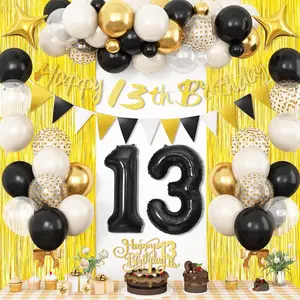 13th Birthday Decorations for Boys, Black Gold and White 13th Birthday Balloons, 13th Happy Birthday Banner with Fringe Curtain Cake Topper Number 13 Balloon for Boys 13 Year Old Teenager Decorations