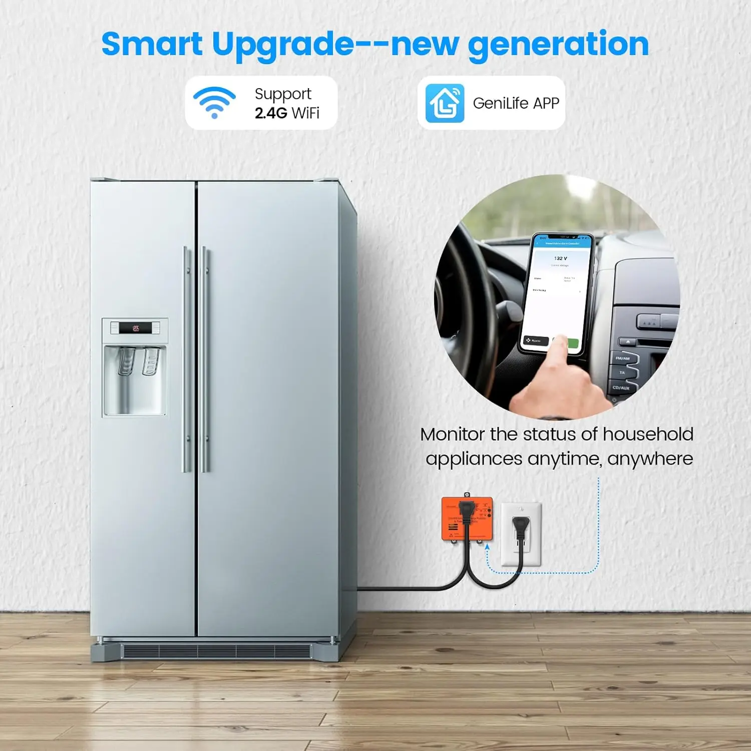 Rechargeable Wi-Fi Smart Power Outage Wireless Alarm with Surge Protector & 110dB Alarm - App-Enabled Remote Monitoring/Control for Household Appliances, LED Light Surveillance, Battery Backup Food Safeguard