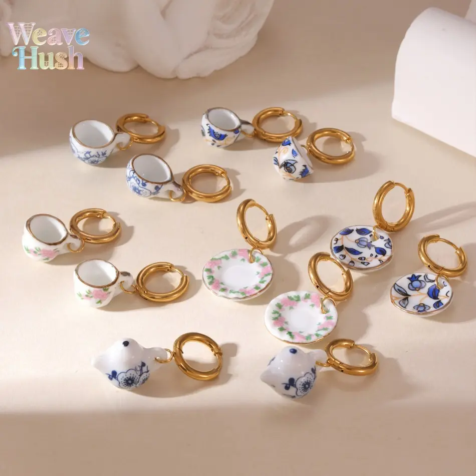 Women Dangle Earrings, 18K Gold Plated Ceramic Earrings, New Chinese Blue and White Porcelain Style Stainless Steel Earring Pair, Fresh Personalized Jewelry, Elegant Exquisite Design for Daily Wear, Dating, Party and Vintage Outfits