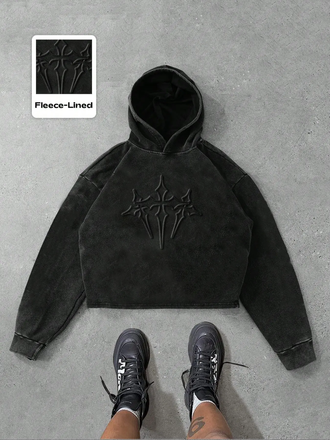Men's Washed Cotton Cross Stitch 3D Print Gothic Style Hoodie, Fall & Winter Casual Fitted Sweatshirt, Trendy Graphic Design