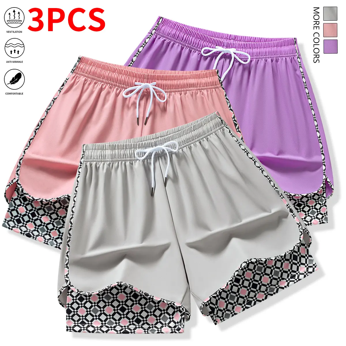 Set of 3 women’s casual athletic shorts featuring elastic waistband with lining; suitable for outdoor workouts, running, sports, and casual wear; summer shorts, women’s shorts, womenswear.