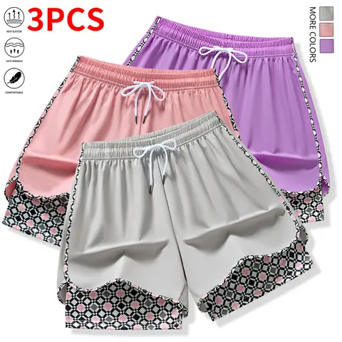 Women's 3-Piece Casual Athletic Shorts with Elastic Waistband & Lining, Summer Athleisure Gym-To-Street Activewear for Outdoor Workouts & Daily Use
