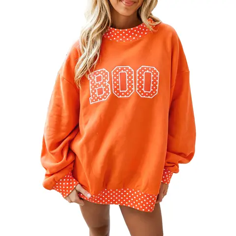 Mntaor Women's Halloween Boo Oversized Crewneck Sweatshirt - Grapefruit Orange, Polka Dot Letter, Mock Neck, Drop Shoulder Pullover for Trick or Treat, Fall Parties