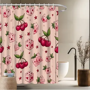 1pc Fruit Theme Bath Curtain-2D Flat Cherry Pattern Candy and Dice Elements Bathroom Decoration 70.8x70.8 Inches Bathroom Decoration Accessories