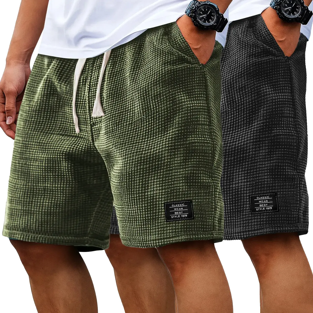Men's 2-Pack Waffle Knit Lounge Shorts, Basic Korean Style Casual Wear with a Drawstring Waist, Loose-Fit Above Knee Cut, Preppy, M, Above The Knee