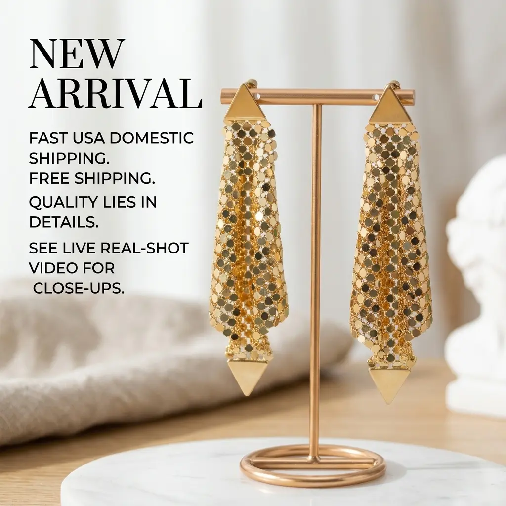 Gold Triangle Sequins Mesh Tassel Earrings, Luxury Shiny Long Fringe Dangle Statement Earrings for Evening Prom Wedding;Silver Shiny Sequins Mesh Long Tassel Drop Earrings, Geometric Triangle Fringe Statement Dangle Earrings for Women Party
