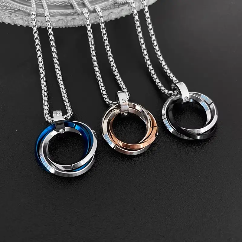 1PC 70cm 3-Circle Pendant Necklace for Men Women Stainless Steel Chain Jewelry