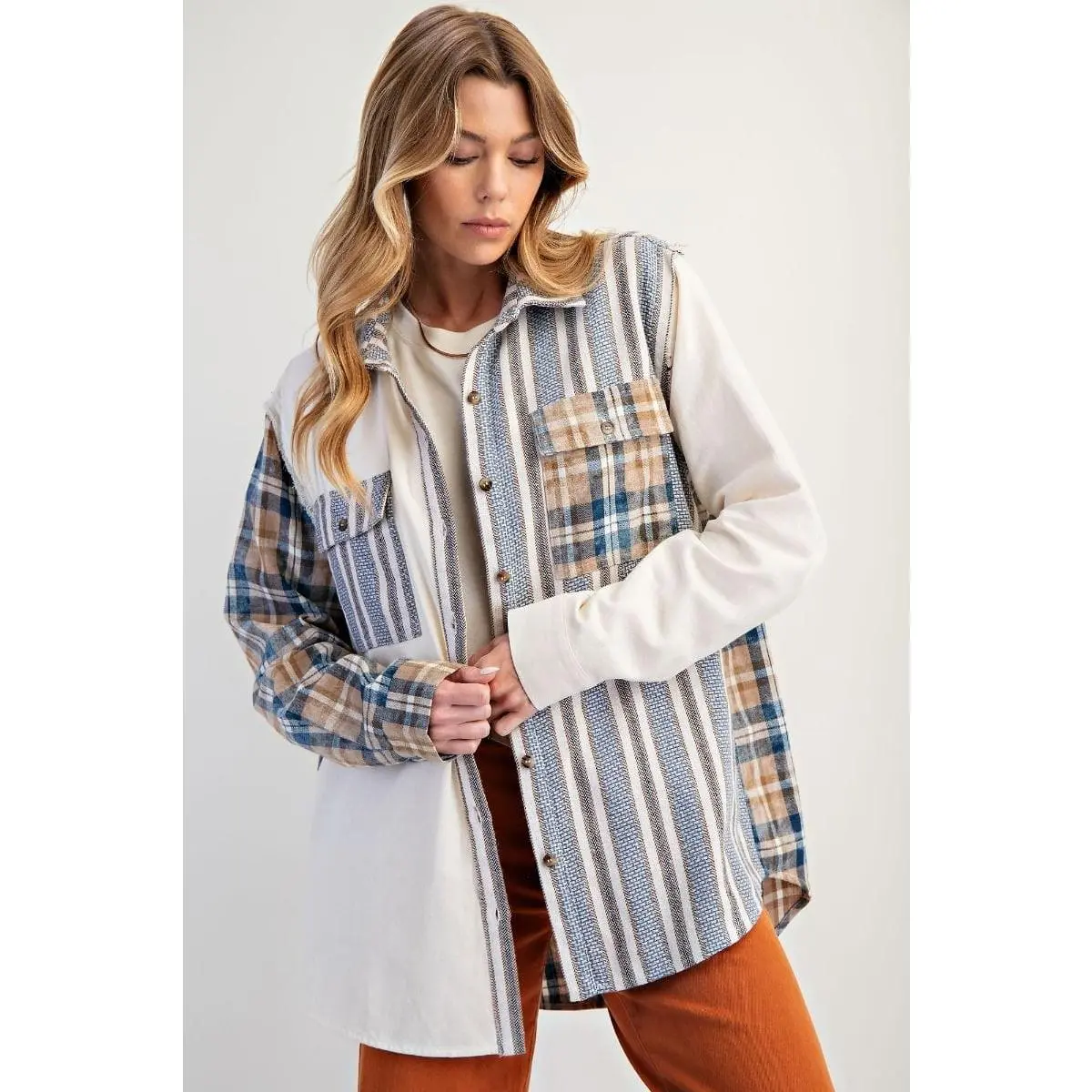 Women's Relaxed Fit Cotton Flannel Shacket Coat - Plaid-Striped Patchwork Button-Down Top with Raw-Edge Star Patches, Twist Detail Fabric Tops, Coats, Jackets, Shirt