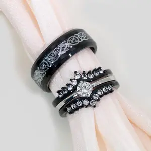 Lvrong 2 Rings His And Hers Couple Rings Round Cz Rings 3pcs Womens Wedding Ring Sets Titanium Steel Mens Wedding Bands