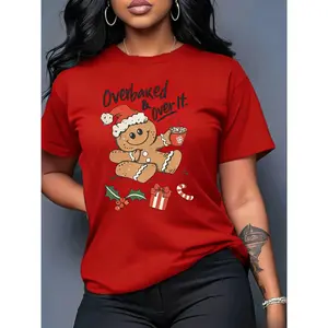 Women's 100% Cotton Basic Graphic T-Shirt - Vintage Gingerbread Man Print, Round Neck, Short Sleeve, Smooth Fabric, Loose Fit, Soft, Breathable, Machine Washable, Holiday Gift, Suitable for Spring, Summer, Autumn, Casual Commuting Daily Wear