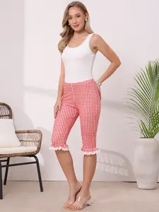 INSPIRE CHIC Gingham Pants for Women Low Waist 3/4 Knee Length Cropped Capri Leggings