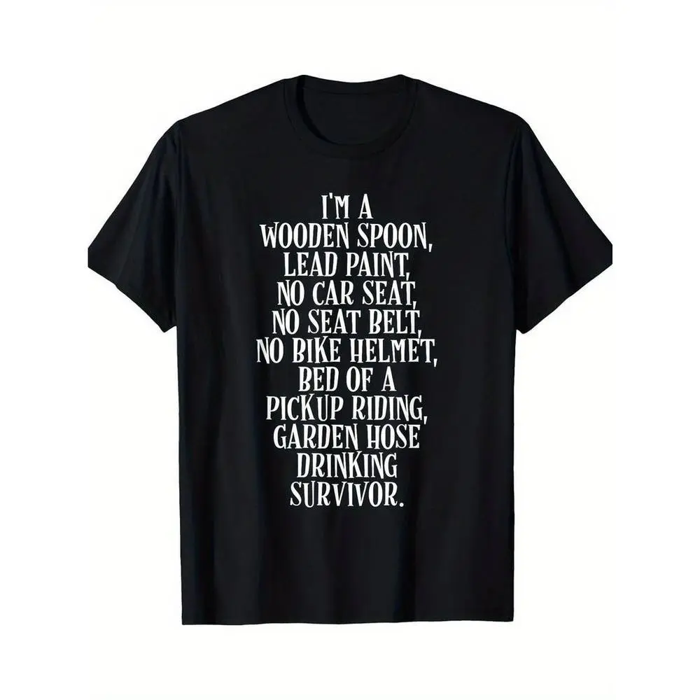 Funny Survivor Quote Graphic T-Shirt, Vintage Text Print Black Cotton Crew Neck Tee, Casual Statement Shirt Round Neck Fabric