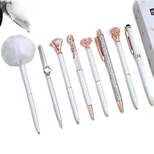 WEMATE 8pcs Ballpoint Pens Set with Unique Designs Including Glitter and Diamond Accents Perfect for Writing and Stylish Notes for Women in Black & Blue Ink