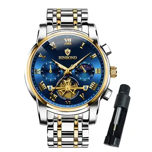 BINBOND Watch for Men Business Luxury Steel Strap Analog Quartz Moon Phase Chronograph Waterproof Men Wrist Watch G780