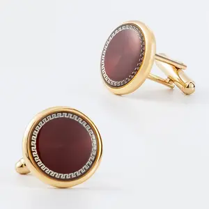 Mens Personalized Cufflinks 1 Pair Classic Round Gold-Plated Copper with Red Pattern, Men'S French Shirt Cufflinks, Non-Textile Material, Elegant Accessory for Dress Shirts