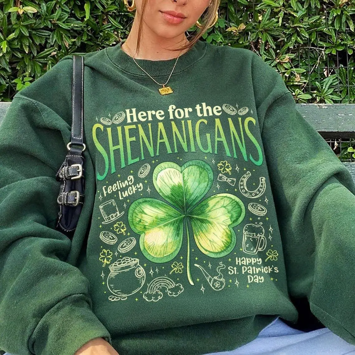 [Sale off up to 50%] Here For The Shenanigans Sweatshirt, Shamrock Ireland St Patrick's Day Shirt, Felling Lucky Shirt, St. Patty's Day, streetwear graphic tee