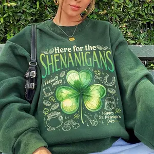 [Sale off up to 50%] Here For The Shenanigans Sweatshirt, Shamrock Ireland St Patrick's Day Shirt, Felling Lucky Shirt, St. Patty's Day, streetwear graphic tee