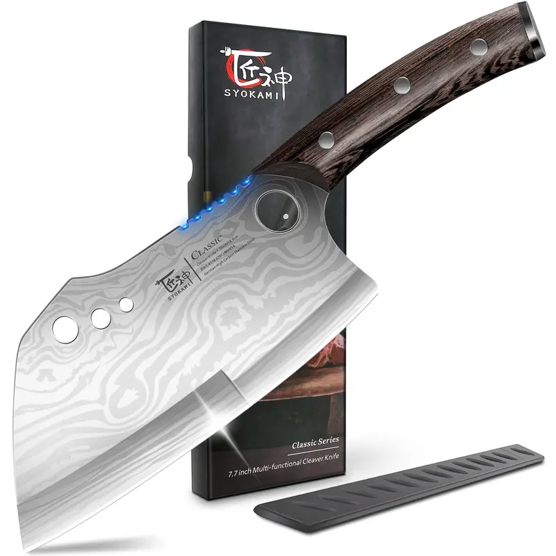 [Auction] SYOKAMI 7.7in Thick Stainless Steel Full Tang Wooden Handle Kitchen Meat Cleaver Knife with Sheath, 3-Hole Herb Strip, Stable Gear Teeth Grip, Heavy-Duty Multifunction Bone-Chopping Butcher Knife, Adults' Kitchen Accessories, Anniversary Gift