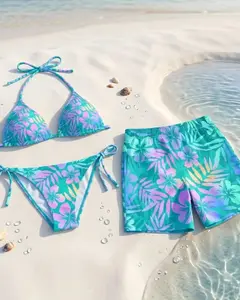 (Sale up 50%) Teal Purple Hibiscus Bikini and Trunks Matching Couple Swimwear Set