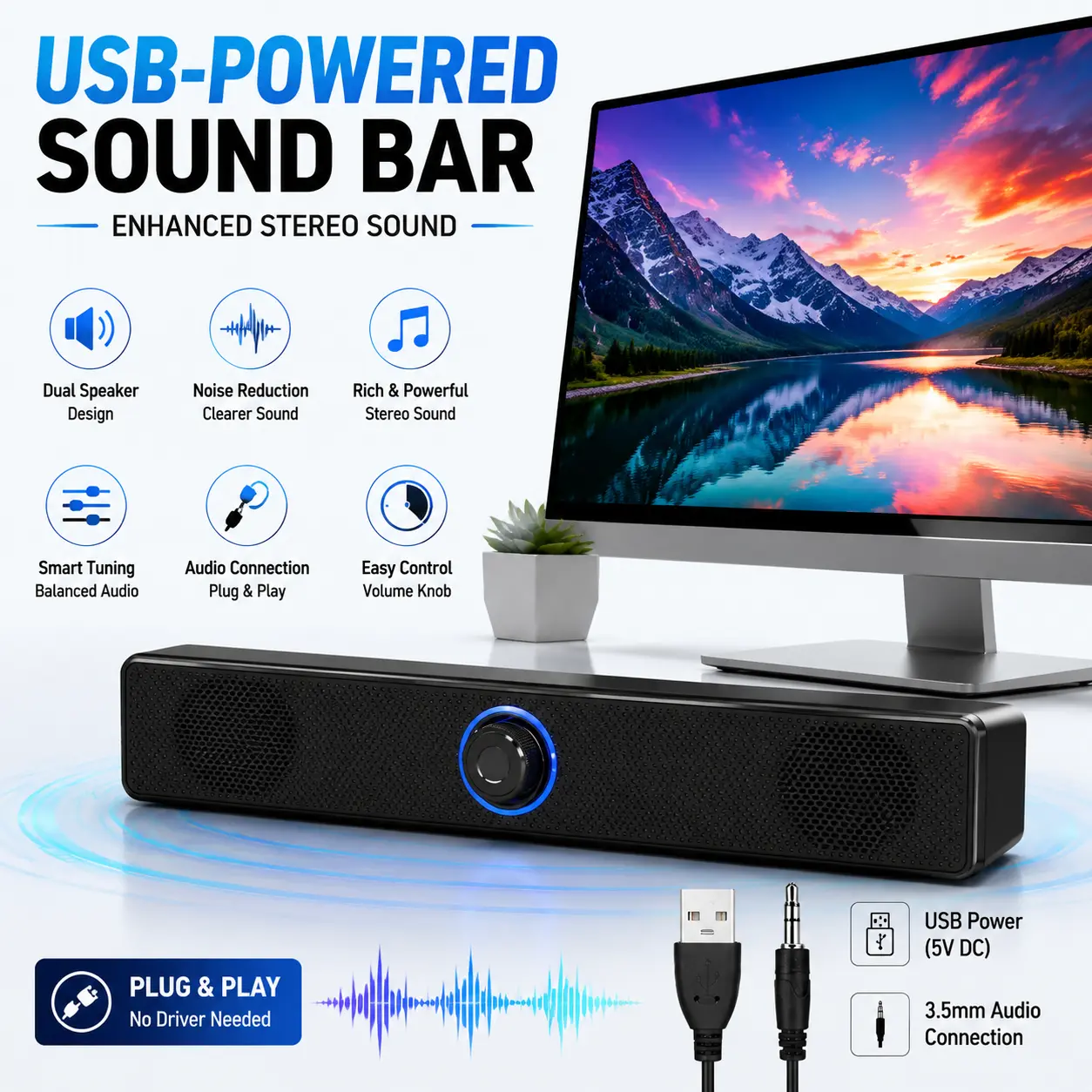 Car Audio All-in-2 Compact Wired Desktop Soundbar Speaker - 3.5mm Aux Input, USB Port, Plug-n-Play, Dual Channel Stereo Device, for PC/Laptop Meetings, Mobile/Smartphone Connections