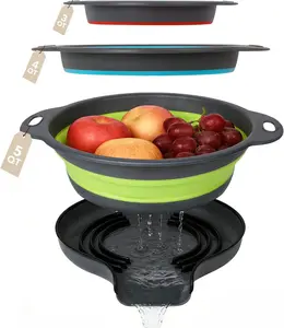 Collapsible Colander Set of 3 with Kitchen Counter Self-draining Base, Round Silicone Food Foldable Strainer for Cooking Pasta, Vegetables and Fruit (3QT, 4QT and 5QT)