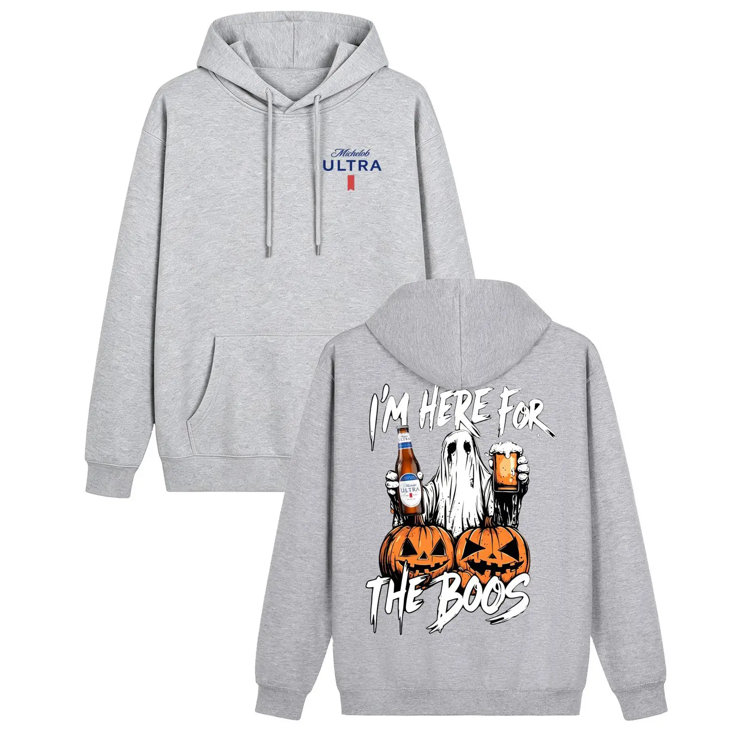 Men's 260gsm Heavyweight Cotton Crew Neck Hoodie - "I'm Here For The Boos" Humorous Slogan Halloween Double-Sided Print, Long Sleeve Casual Loose Ghost Drinking Beer Pullover, Fall/Winter Warm Outerwear, Holiday Gift
