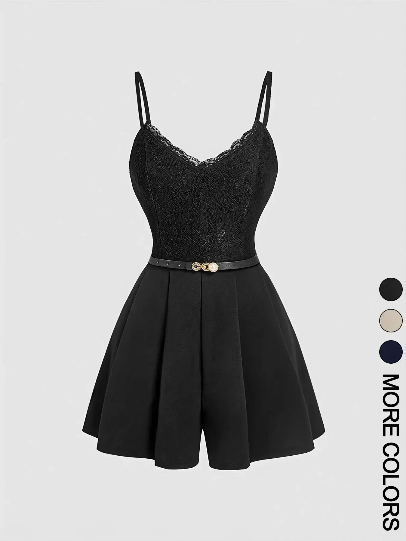Women's Spring Summer Elegant Lace-Spliced Cami Playsuit with Belt, V-Neck Sleeveless Fitted Jumpsuit for Casual Outings