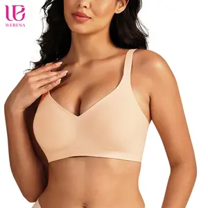 Werena Wireless Bras V-Neck Everyday Bras Seamless Full Coverage No Wire T-shirt Bras with Invisible Jelly Strip & Adjustable Straps for Women's Comfort